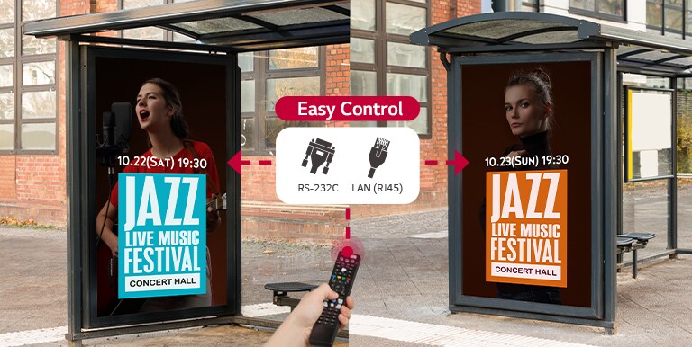 Double-sided displays can be easily controlled through RS-232C and LAN (RJ45).