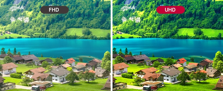 A large-sized display is installed on the street, and a woman is looking at a vivid-quality advertisement on the screen.