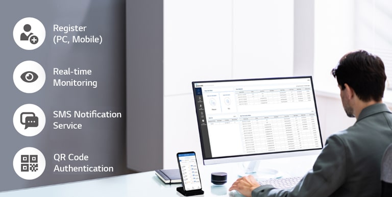 A man is managing LG Thermal Sensing Terminal, using mobile and PC administrator tools.