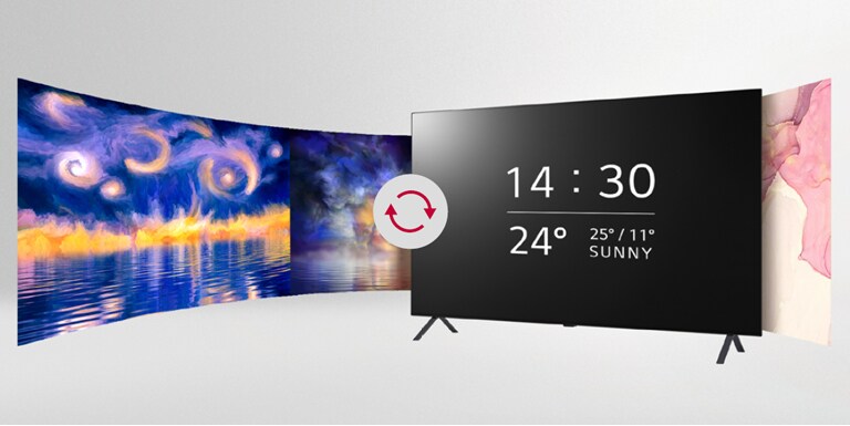 The TV screen changes to various images such as watches and works of art.