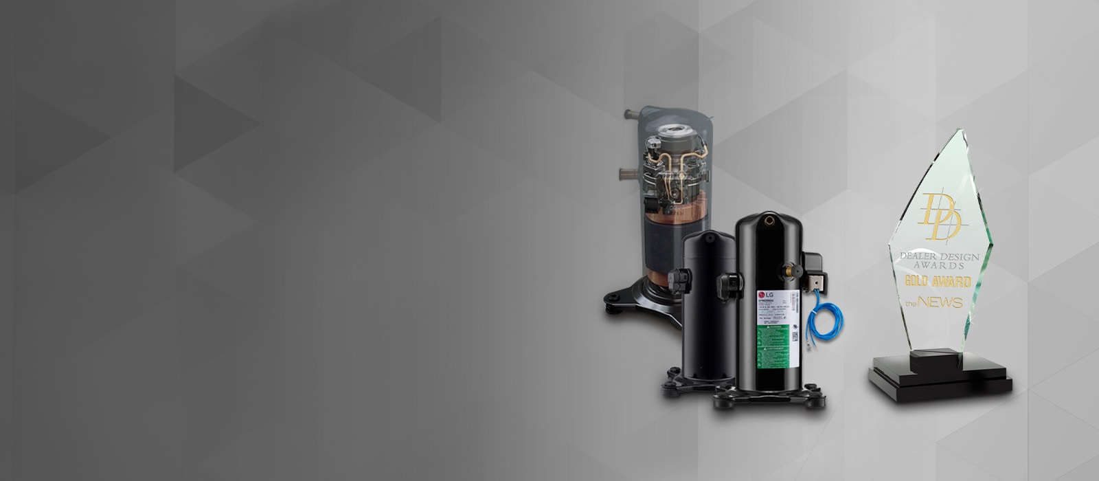 Product image of LG Two-Stage Scroll Compressor and a trophy