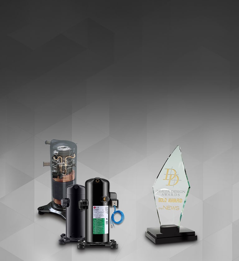 Product image of LG Two-Stage Scroll Compressor and a trophy
