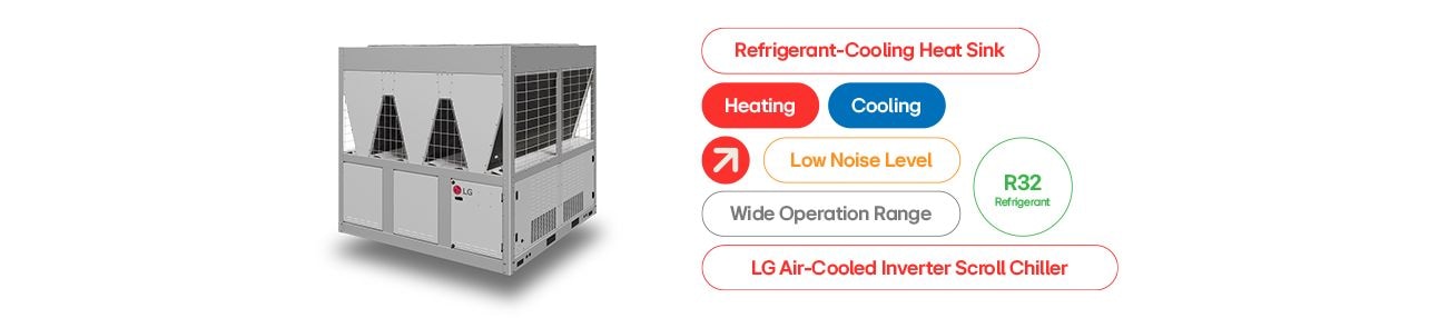 LG Air-Cooled Inverter Scroll Chiller, R32 Refrigerant, low noise, efficient cooling and heating solution.