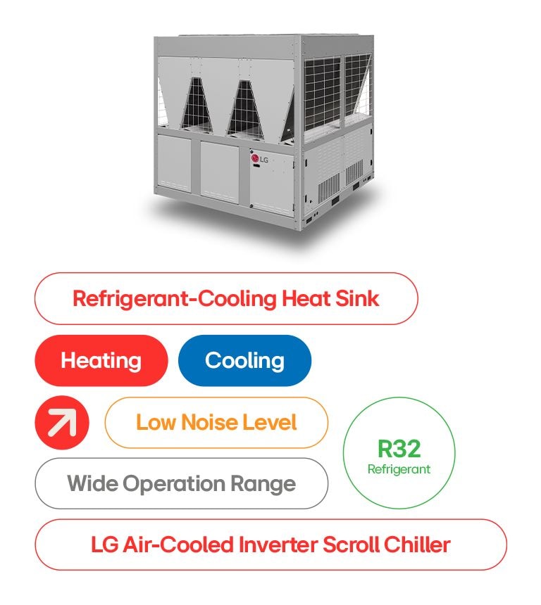 LG Air-Cooled Inverter Scroll Chiller, R32 Refrigerant, low noise, efficient cooling and heating solution.