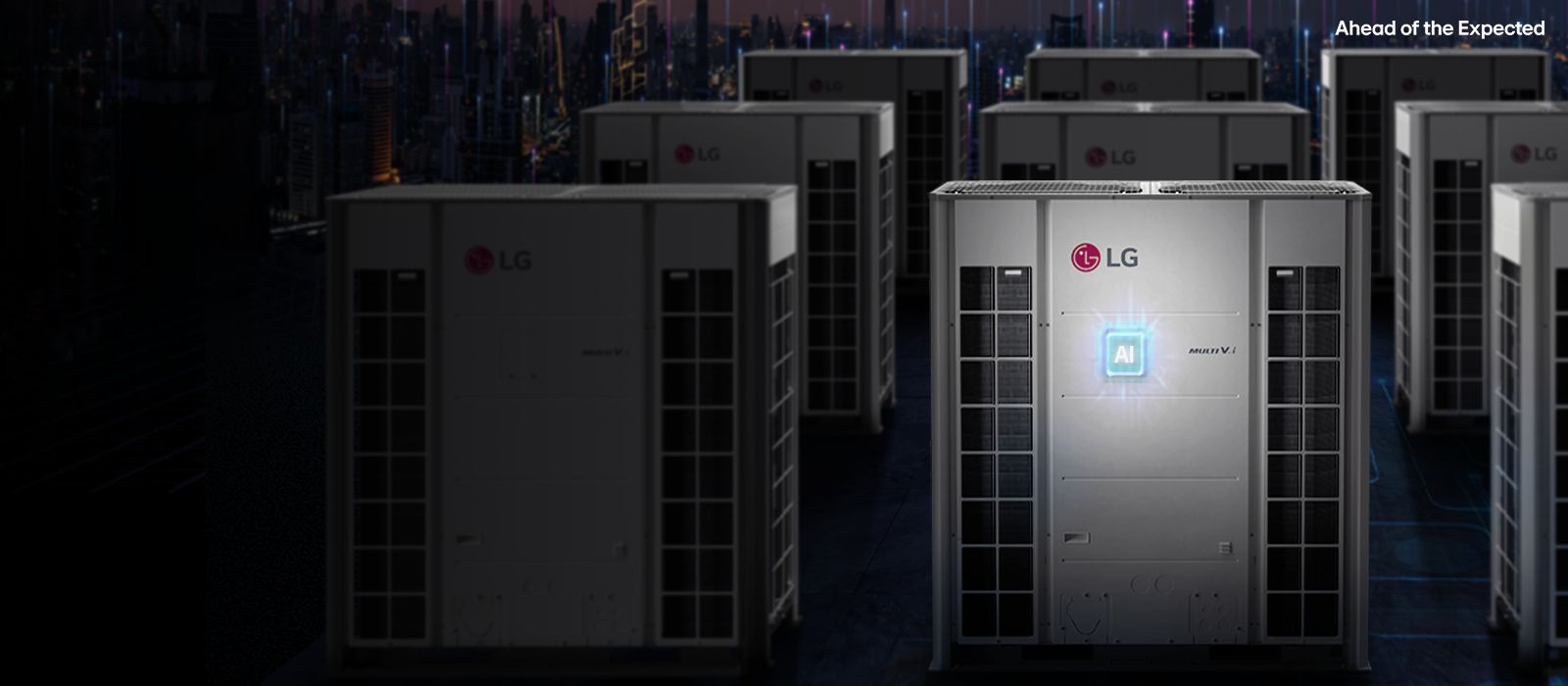 LG MULTI V HVAC unit outdoors with smart tech overlay and energy-efficient system branding