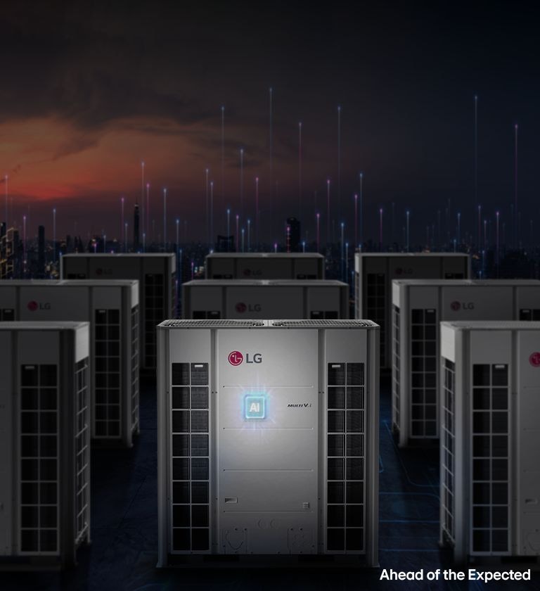LG MULTI V HVAC unit outdoors with smart tech overlay and energy-efficient system branding