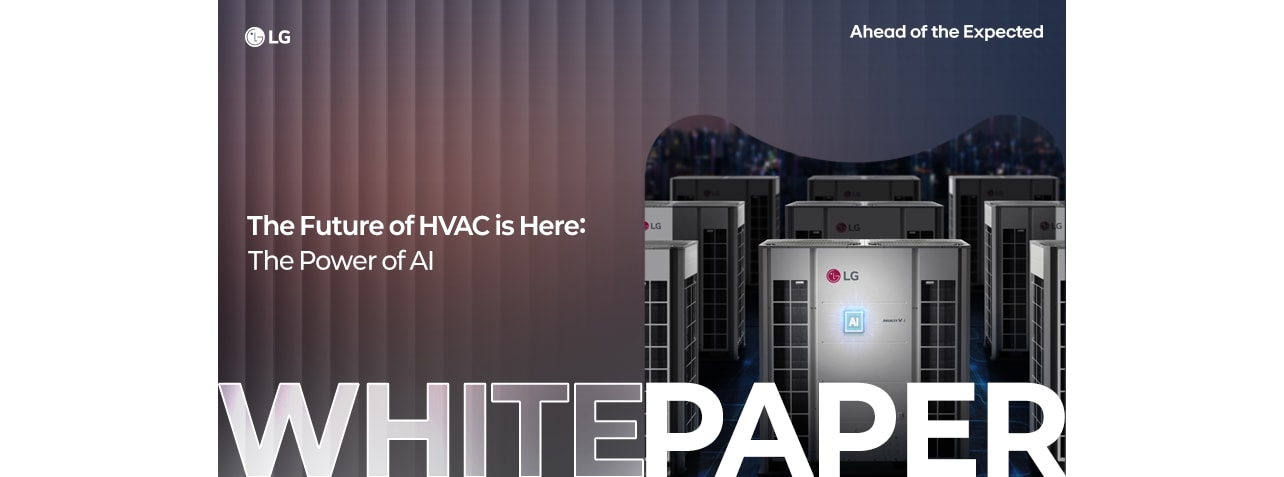 Futuristic LG HVAC units with AI theme, cityscape backdrop, and white paper branding