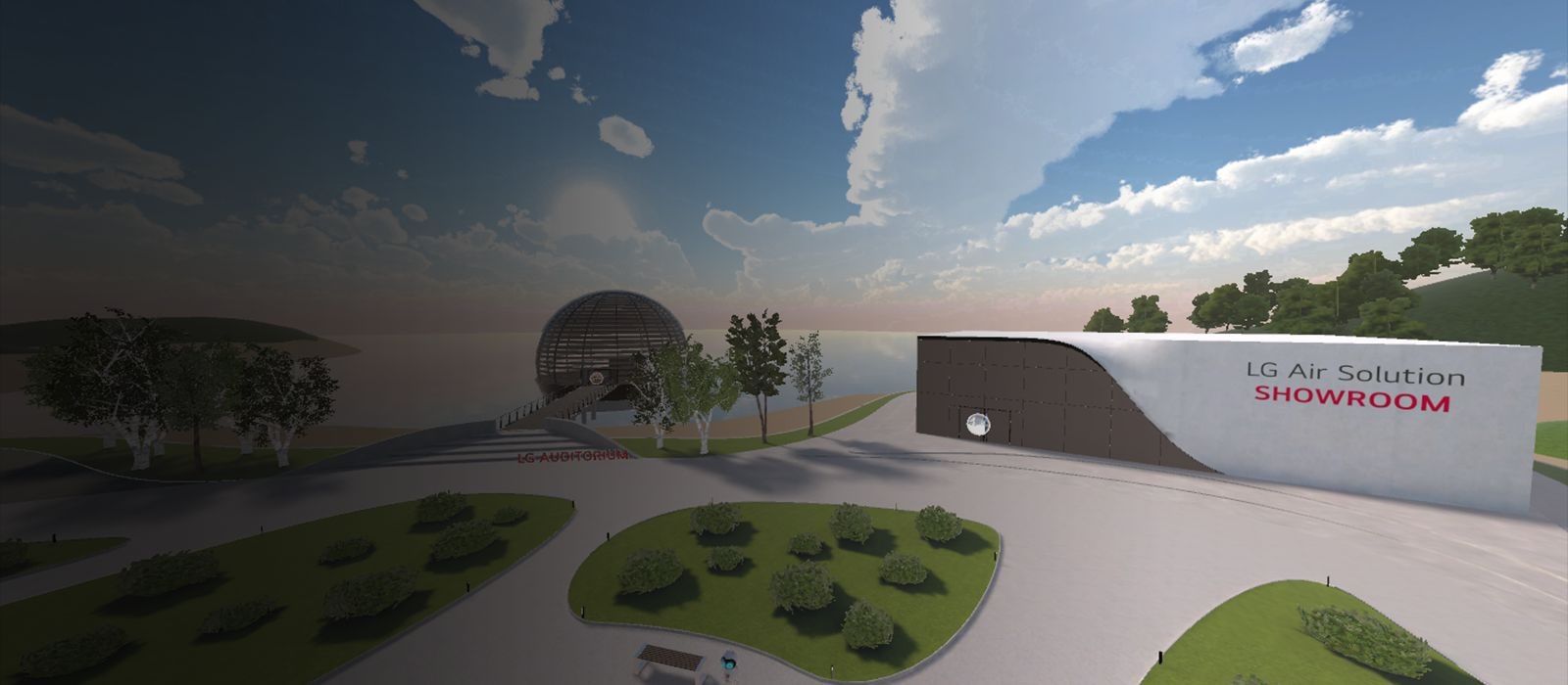 The front view of LG Air Solution Showroom from the center park, with blue and cloudy sky and ocean on the background