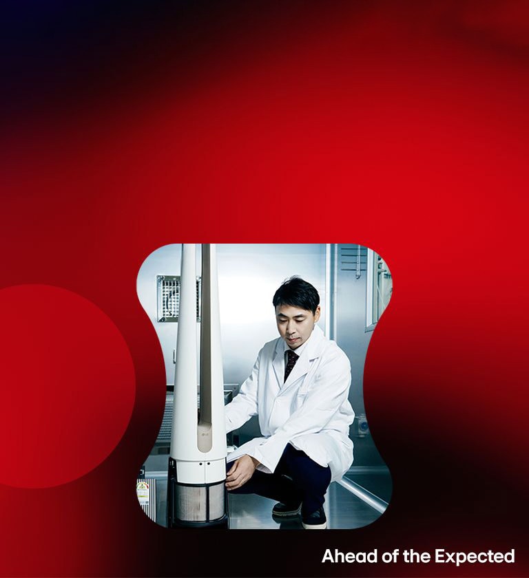 LG researcher in a lab coat inspects advanced filtration equipment in a cleanroom with 'Ahead of the Expected' slogan.