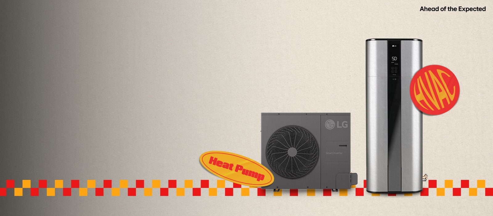 LG HVAC and heat pump units with 'Dual Inverter' label, set against gradient background and slogan 'Ahead of the Expected