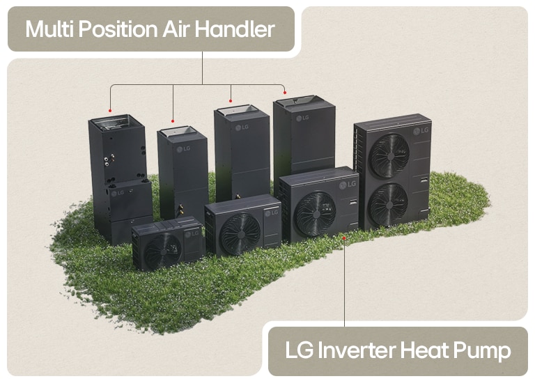 LG HVAC lineup on grass featuring multi-position air handlers and inverter heat pumps for energy-efficient solutions