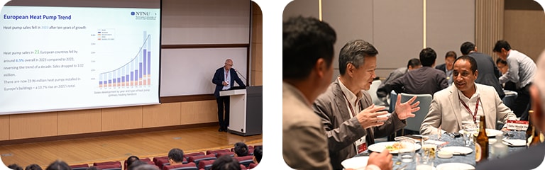 Conference presentation on European heat pump trends and networking dinner with professionals discussing industry insights.