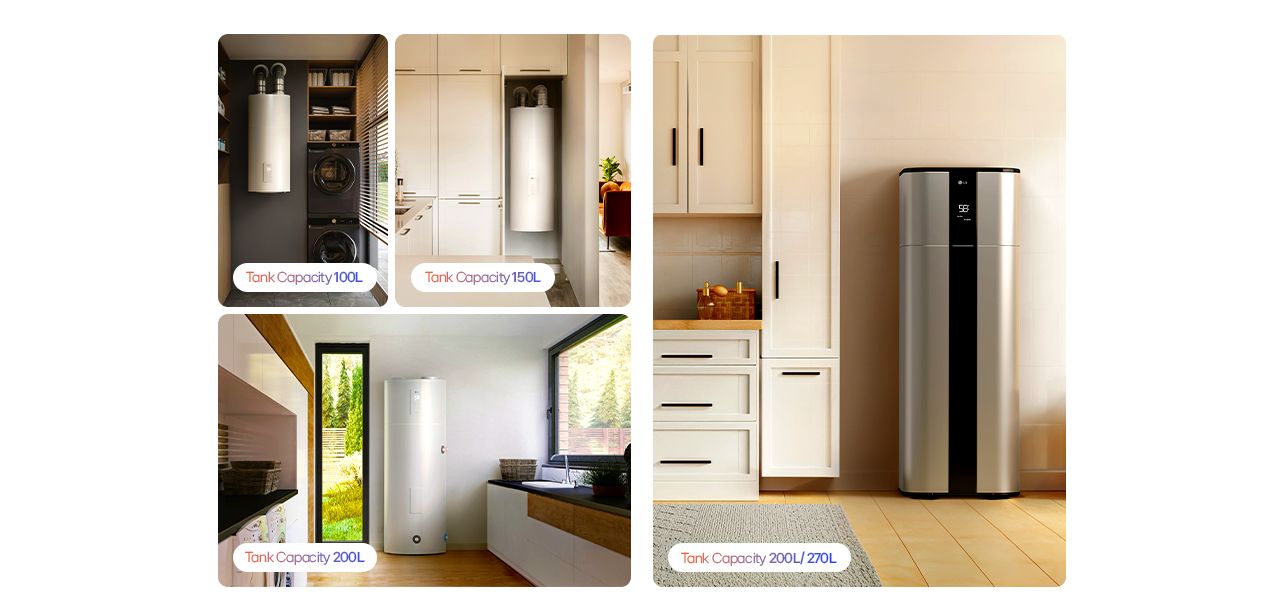 LG heat pump water heaters in home settings, displayed in four sizes: 100L, 150L, 200L, and 200/270L hybrid.