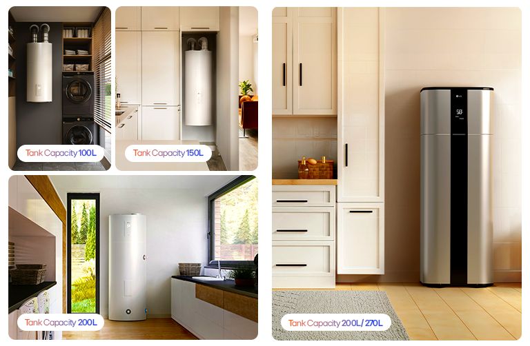 LG heat pump water heaters in home settings, displayed in four sizes: 100L, 150L, 200L, and 200/270L hybrid.