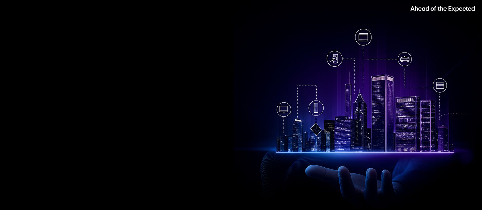 Futuristic smart city held by a hand with connected tech icons and 'Ahead of the Expected