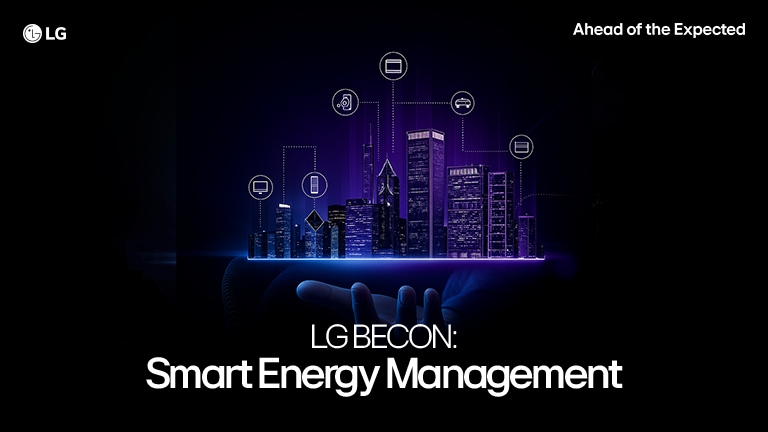 LG BECON Smart Energy Management concept with city skyline and digital energy icons