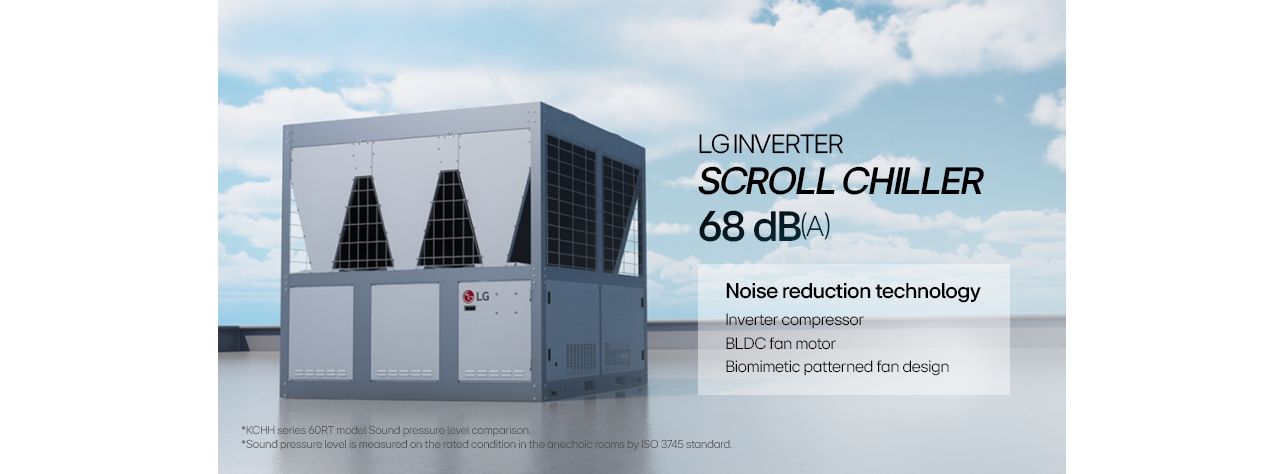 LG inverter scroll chiller is in the building rooftop.