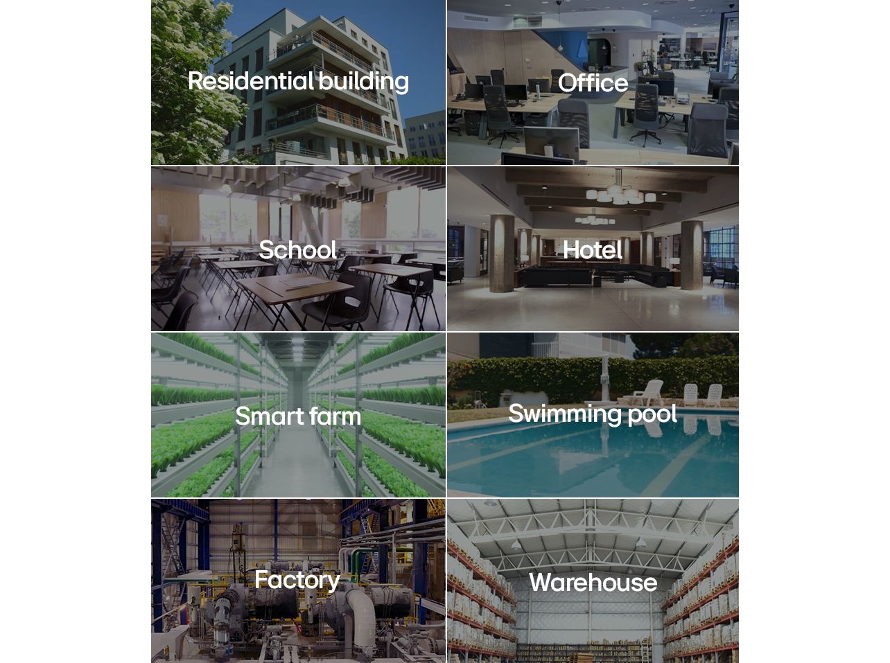 Various applications of LG Inverter Scroll Chiller including residential building, office, school, hotel, smart farm, swimming pool, factory, and warehouse demonstrating vertical flexibility.