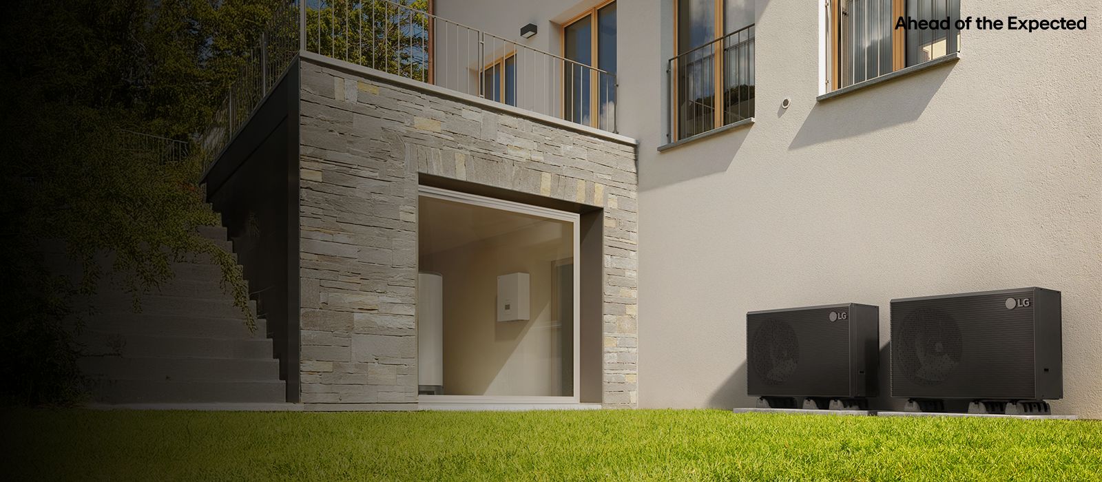 LG HVAC system setup with outdoor and indoor units, plus a wall-mounted control panel in a modern stone house.