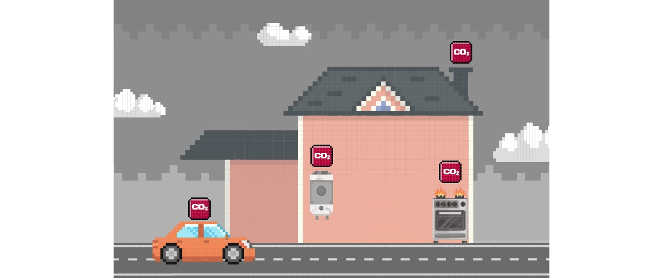 The two image is switching. In first image, the house uses a boiler that emits carbon dioxide, while the other house has switched to all-electric using LG Home Electrification products.