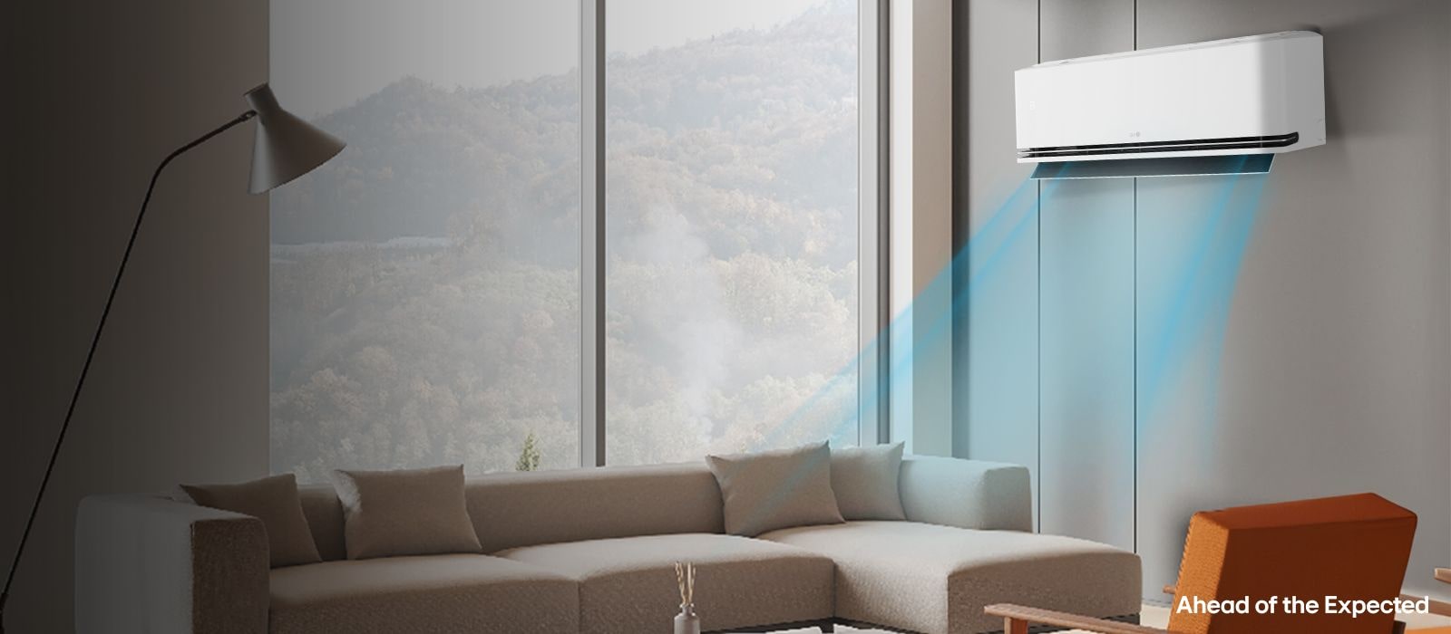 LG Dualcool S1 Premium mini split AC cooling a modern living room. Ductless air conditioning for home comfort.
