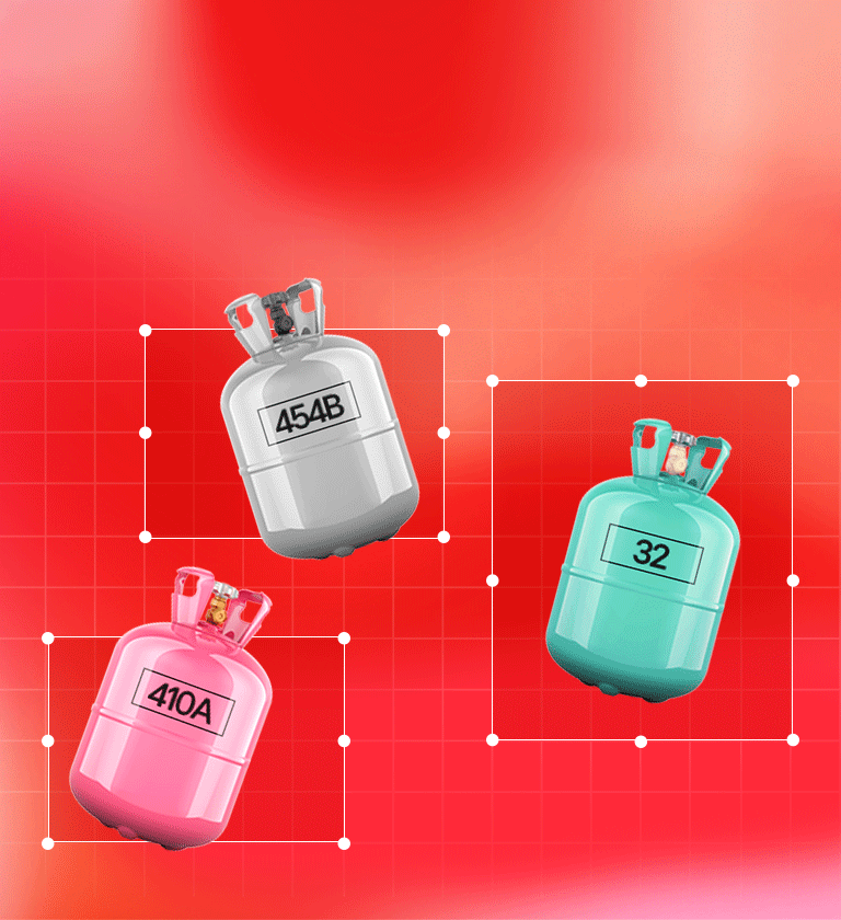 Three refrigerant tanks labeled 454B, 410A, and 32 with 'Ahead of the Expected' headline.