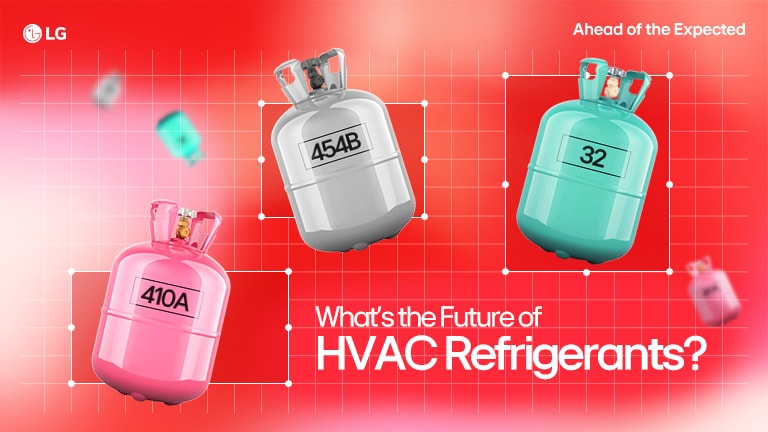 Three refrigerant tanks labeled 410A, 454B, and 32 with HVAC headline on red grid background.
