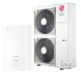 Product image of air to water heat pump indoor unit and outdoor unit displayed side by side.