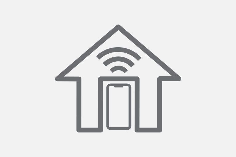 A house with triangular roof featuring a smarphone and a wifi icon at the center. 