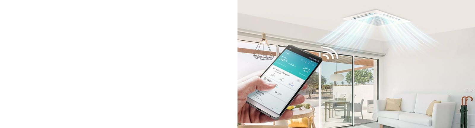 Left thumb touching a smartphone screen displaying LG ThinQ app while a wifi next to it heads to a ceiling-mounted air conditioner in a living room.