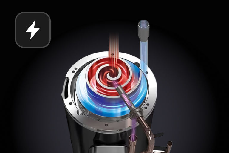 A close-up of a circular inverter compressor with blue and red energy flows.