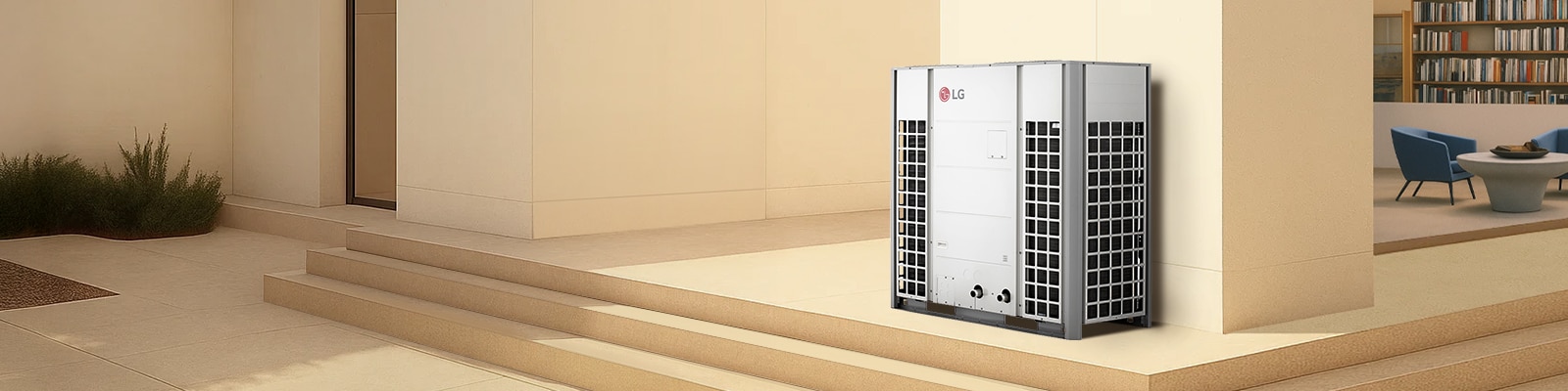 LG R32 Monobloc 51kW placed in outdoor space with structural pillar visible in the background.