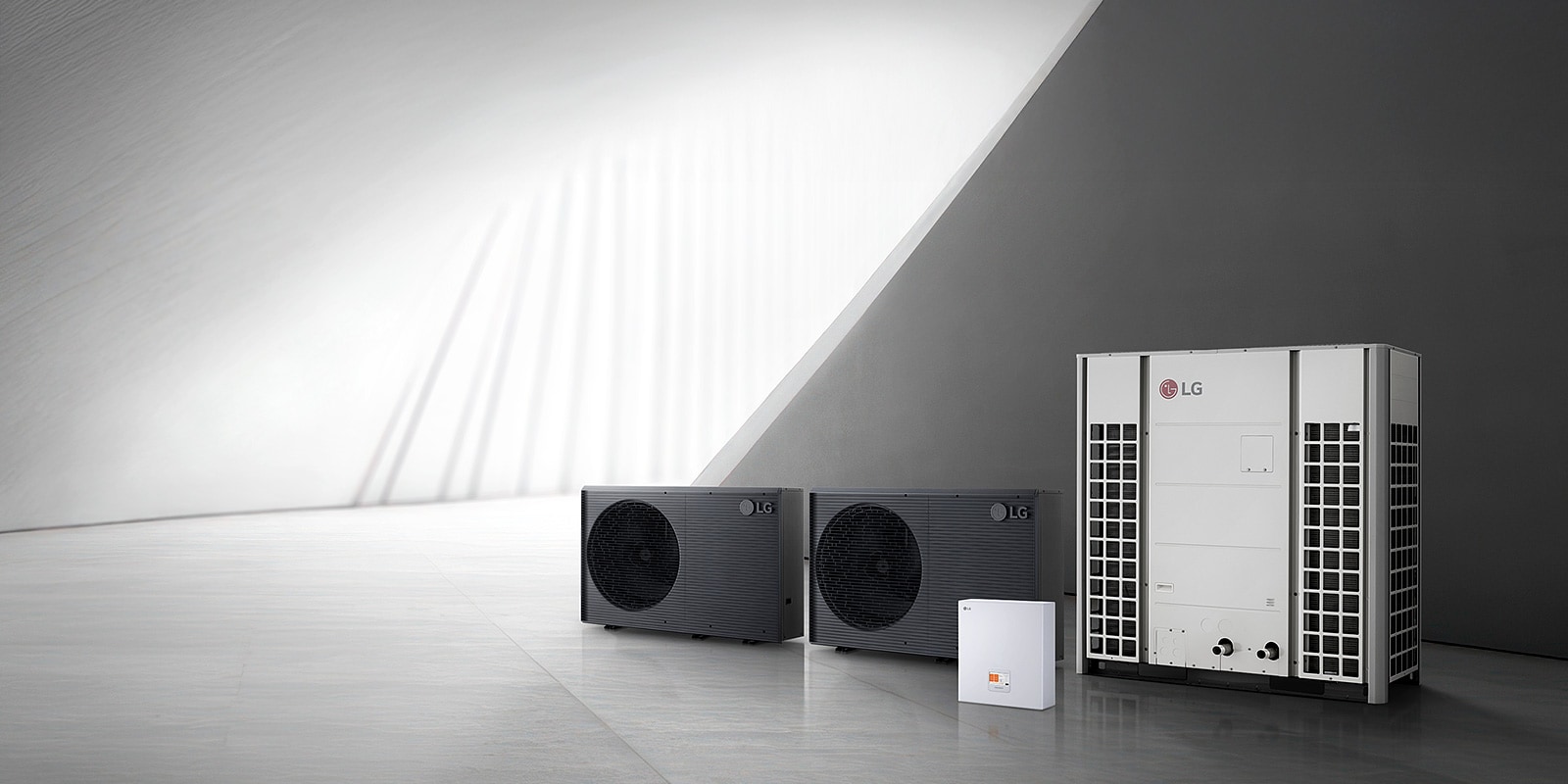 LG Air to Water Heat Pumps Commercial Solutions are displayed against a black background.