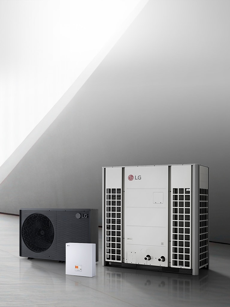 LG Air to Water Heat Pumps Commercial Solutions are displayed against a black background.