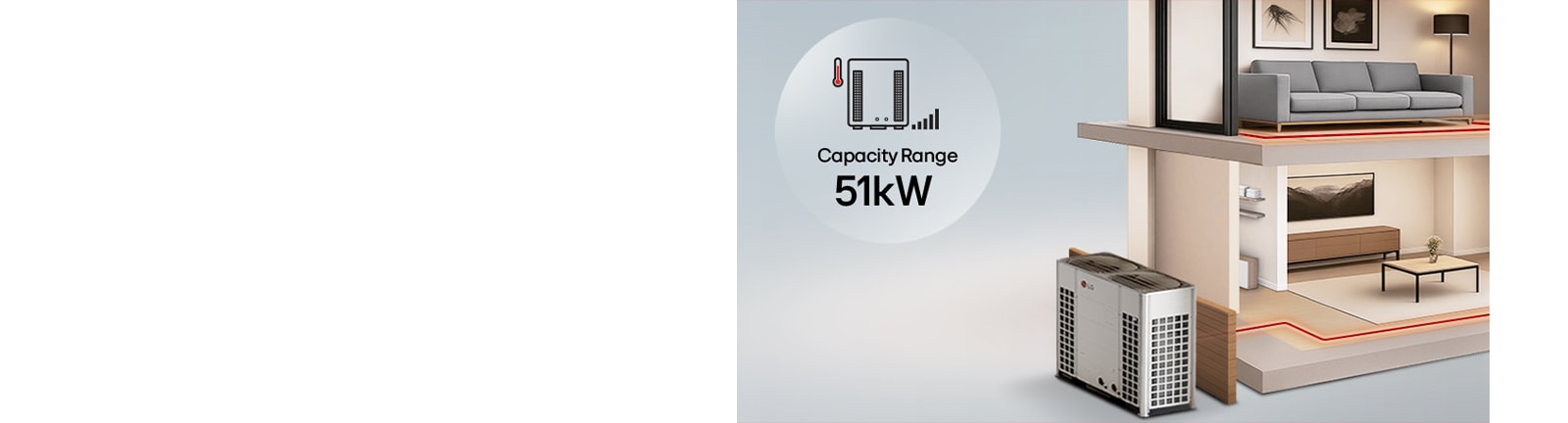 LG R32 Monobloc 51kW and Cascade Control Unit heat indoor space, showing maximum capacity of each product.