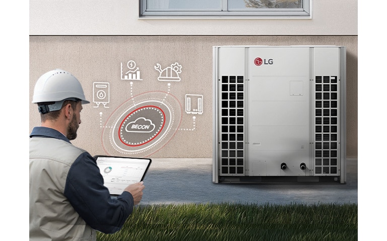 The engineer controls Monobloc 51kW via tablet using LG BECON cloud remote management system.