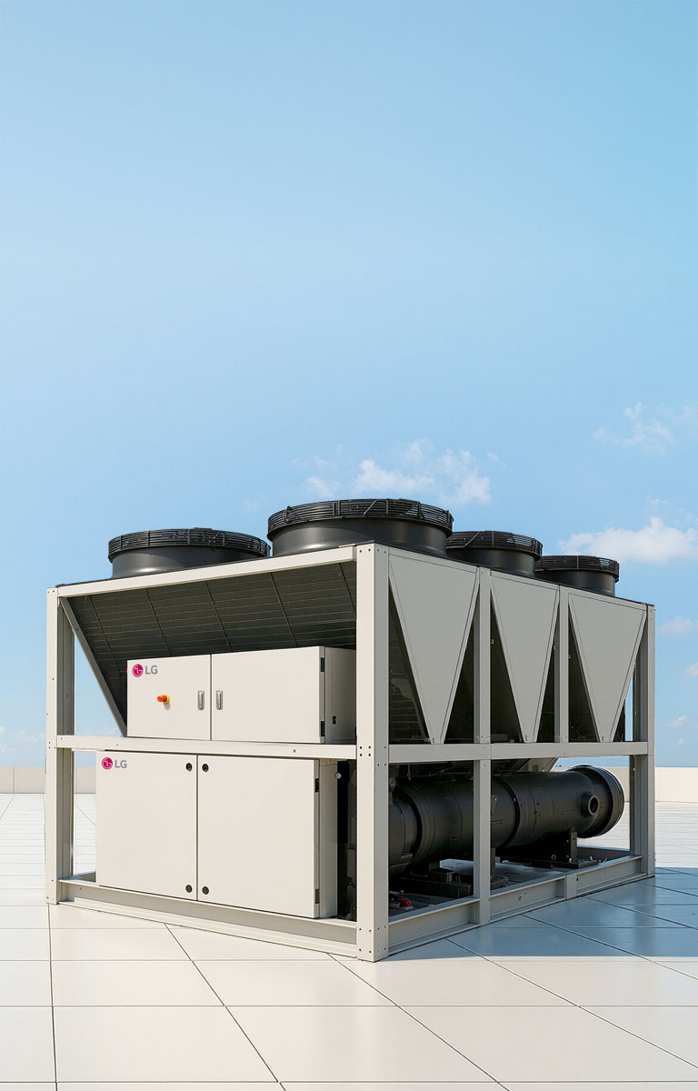 LG Air-cooled Screw Chiller placed in a light gray virtual space.
