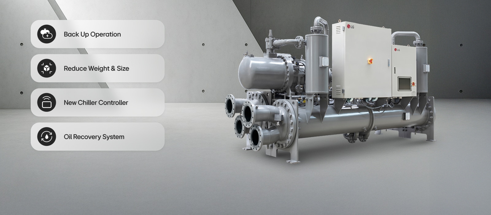 LG Ice Thermal Storage Screw Chiller shown in a virtual space with four key features summarized.