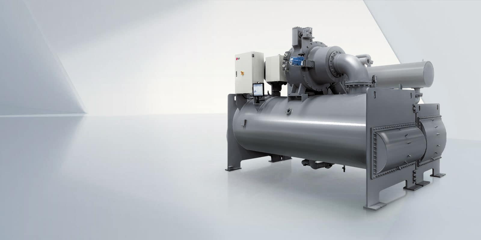 LG Oil-free Centrifugal Chiller placed in a light gray virtual space.