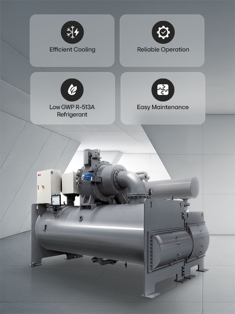 LG Oil-free Centrifugal Chiller shown with USPs: Refrigerant, Efficient Cooling, Reliable Operation, and Flexible Solution.