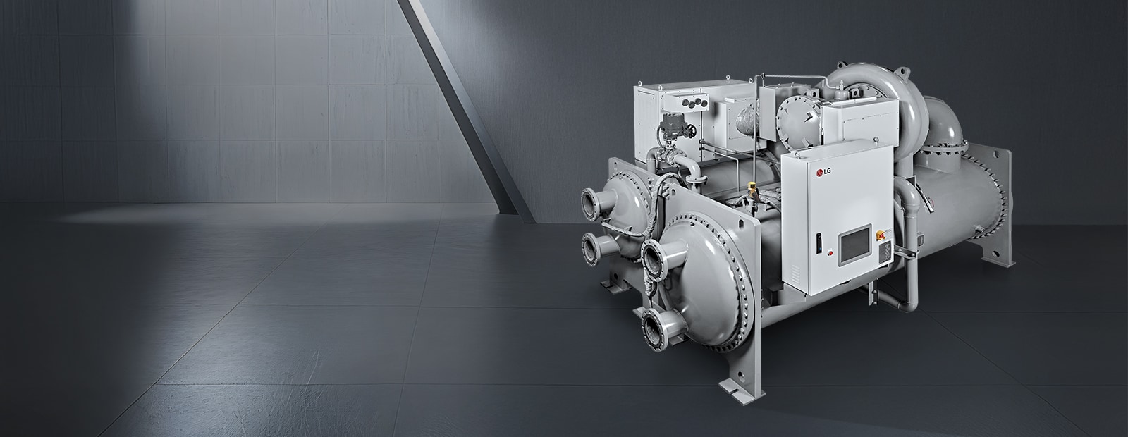 LG R-1233zd Oil-free Inverter Chiller in a sleek, industrial silver-toned virtual space.