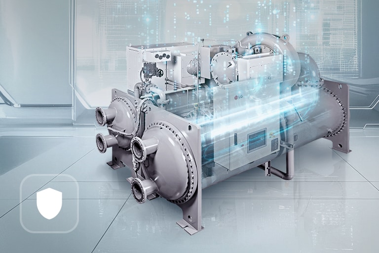 LG R-1233zd Oil-free Inverter Chiller with blue graphics in a lab-like setting.