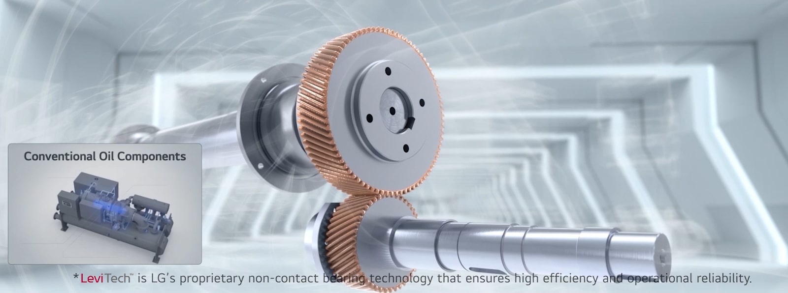Interlocking internal gears visualizing LG’s oil-free system in motion.