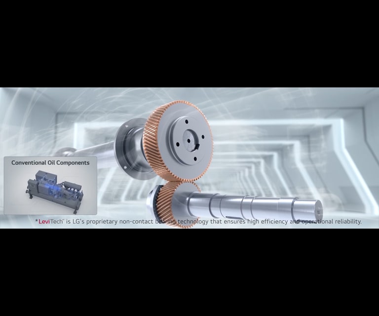 Interlocking internal gears visualizing LG’s oil-free system in motion.