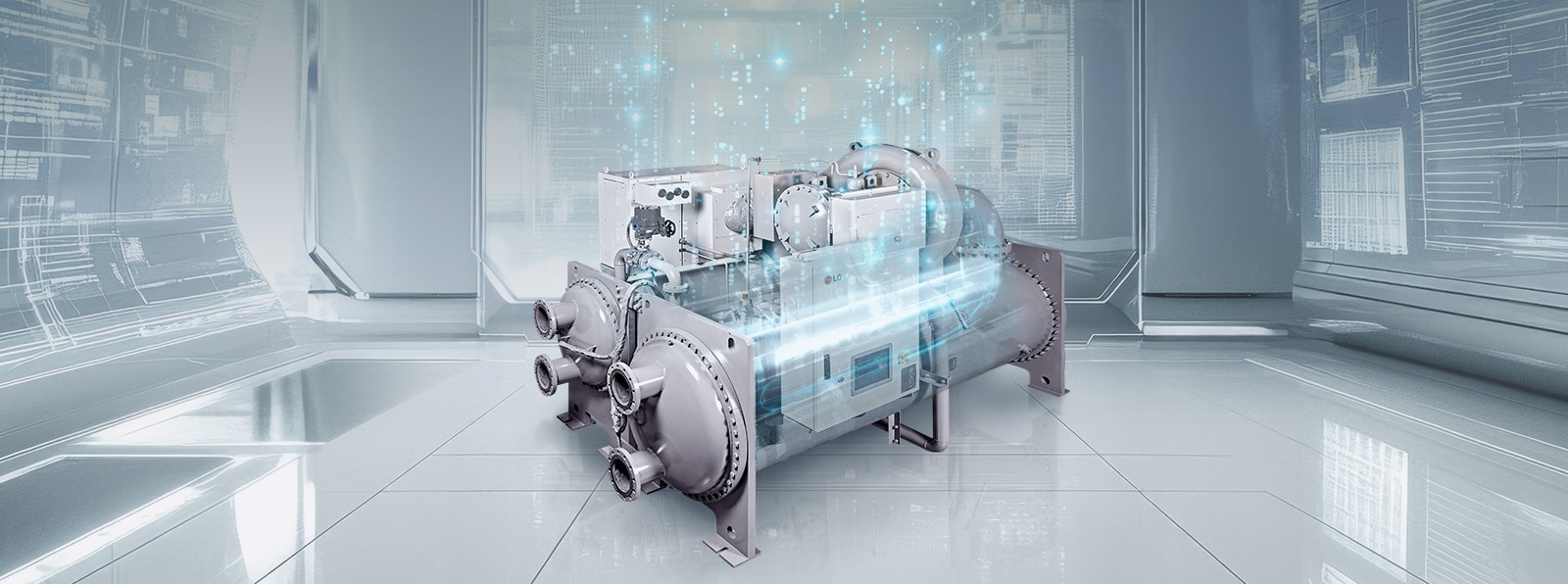 LG Oil-free Chiller in a research environment with machine learning-style visuals.