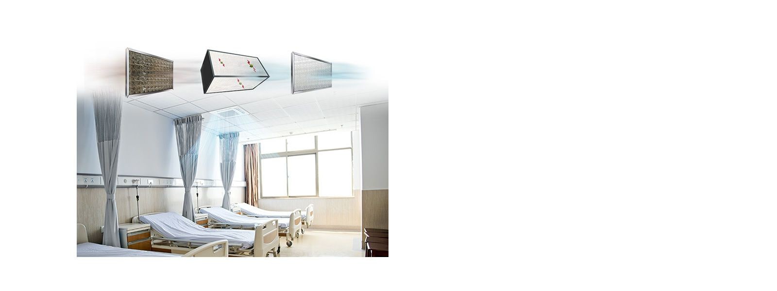 Ceiling mounted unit creates air streams in a patient room with three beds and curtains. Three separate components at the top display air filtering process. 
