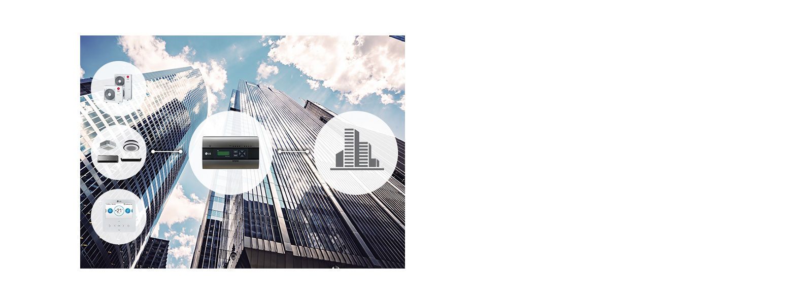 Various components of the LG HVAC system are displayed with a sky-high rise building in the background.