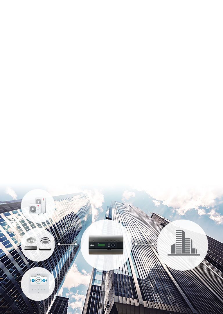 Various components of the LG HVAC system are displayed with a sky-high rise building in the background.