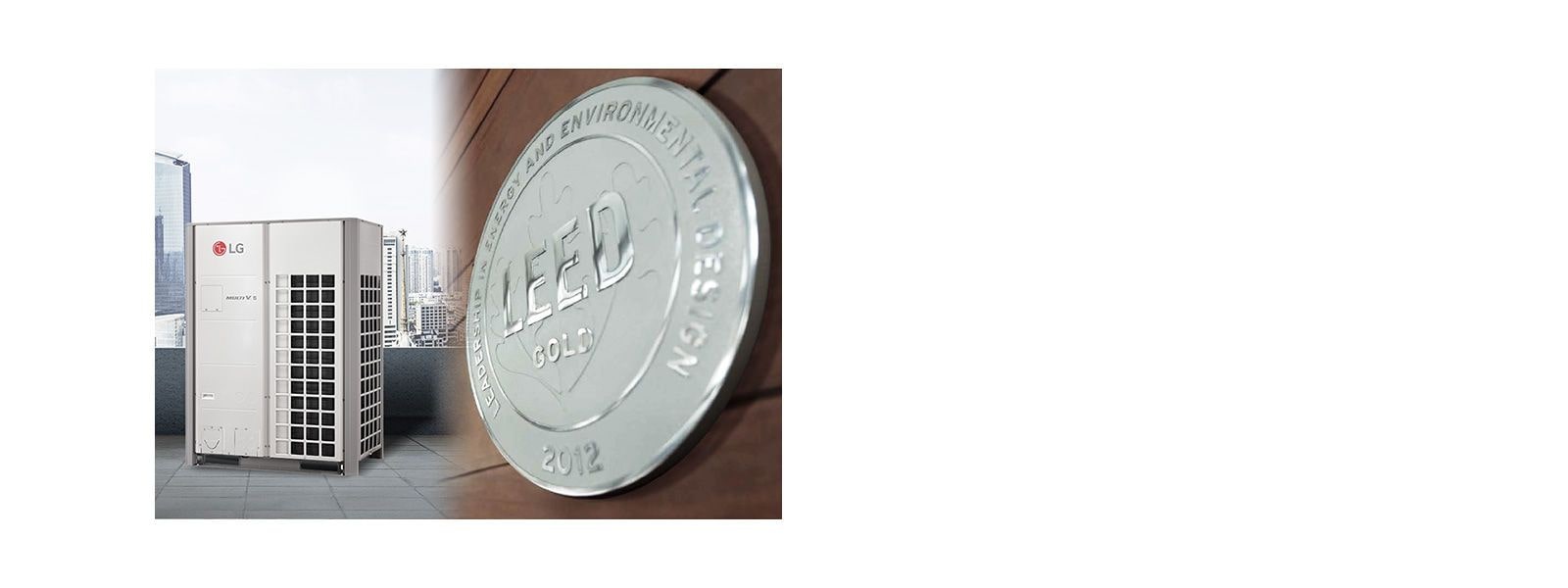 LG VRF outdoor unit is on the left, and LEED certification is displayed on the right side of the image.