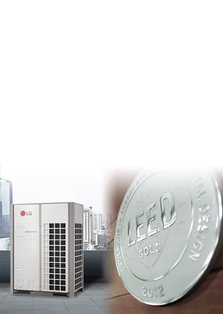 LG VRF outdoor unit is on the left, and LEED certification is displayed on the right side of the image.